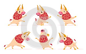 Chinese new year mascot â€“Â collection of traditional art oriental bull animal character isolated on white background.